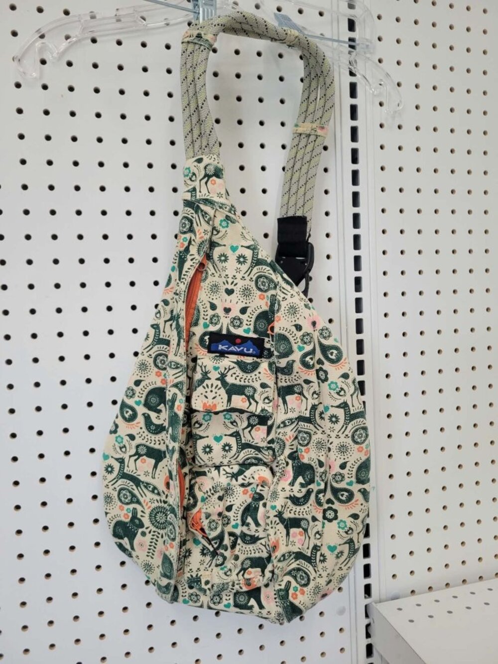 Kavu Rope Bag Sling Pack With Forest Animal Print Cream & Green Adjustable Strap